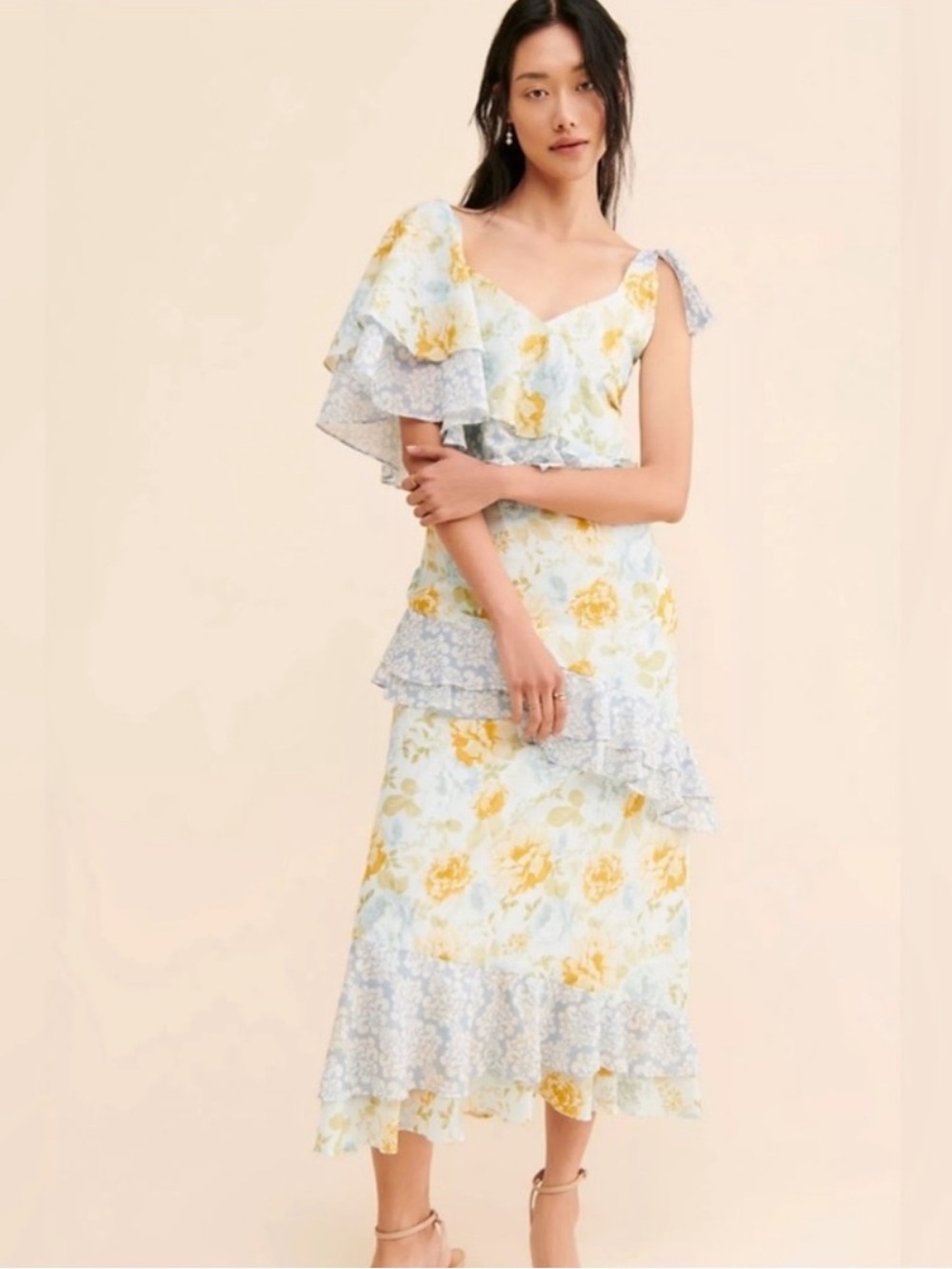 Anthropologie We Are KindYellow & Floral Ruffle Tie-Shoulder Dress